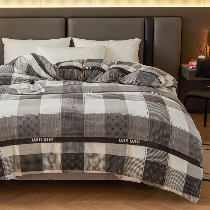 91家纺网 家纺一手货源 找家纺 董韵家纺 2025新款高克重全消光牛奶绒法莱绒金貂绒印花单品被套床裙四件套（提供买家秀） 方格灰