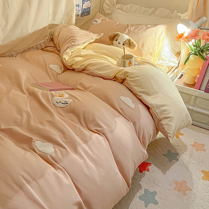 2024新款水洗棉卡通小清新毛巾绣四件套宿舍三件套学生款 可爱鸭-奶茶奶黄