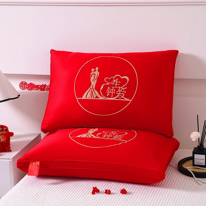 91家纺网 家纺一手货源 找家纺 佳尚枕芯 2025新款全棉纯棉刺绣喜庆婚庆结婚多用枕头枕芯 一生钟爱48x74cm/只