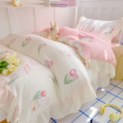 91家纺网 家纺一手货源 找家纺 （总）灰鲸 2025新款水洗双层纱公主风学生套件三件套四件套