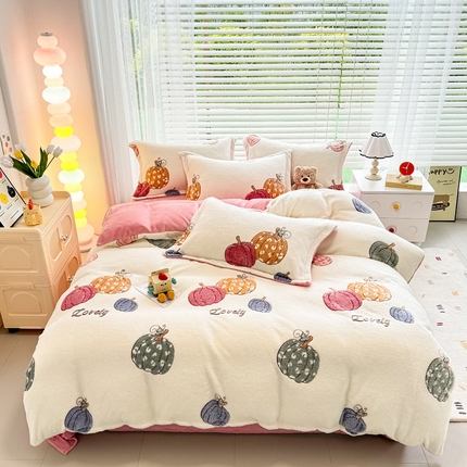 91家纺网 家纺一手货源 找家纺 恋佳居 2025新款雪花绒印花加厚保暖四件套 可爱南瓜