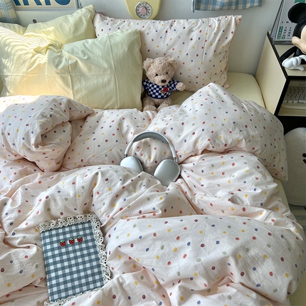 91家纺网 家纺一手货源 找家纺 原素 2024新款A类学生季少女心小清新印花四件套 彩色波点