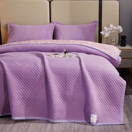晶缦家纺 2024新款华夫格牛奶绒床盖三件套 华夫格-浅紫