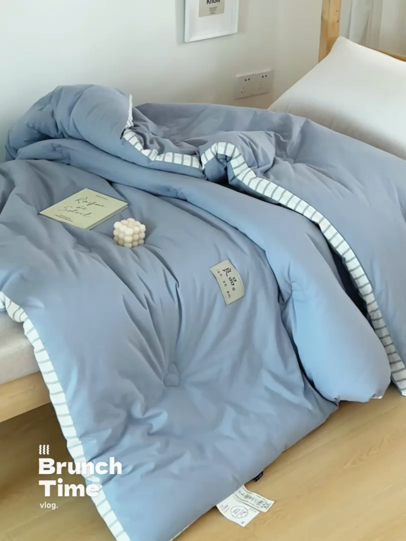 91家纺网 家纺一手货源 找家纺 子由家居 2024新款b类简约立体条纹学生季大豆被 条纹-浅蓝