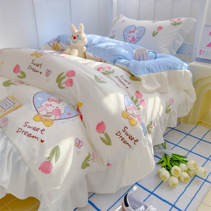 91家纺网 家纺一手货源 找家纺 （总）灰鲸 2025新款水洗双层纱公主风学生套件三件套四件套