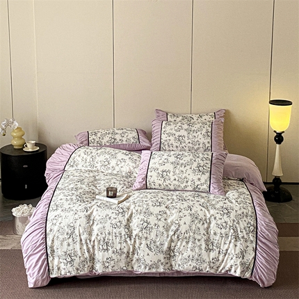 一左一右 2024秋冬新款法式复古印花褶皱花边水洗磨毛四件套-场景一（提供买家秀） 优雅紫