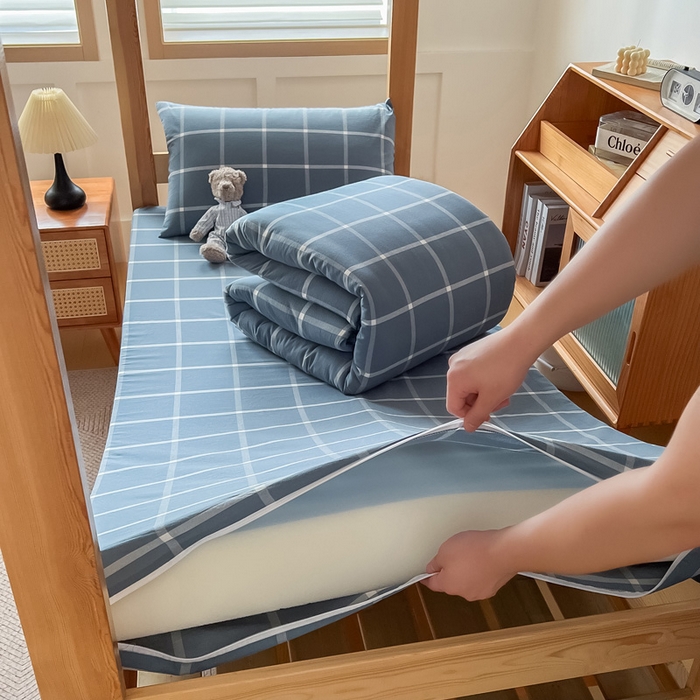 91家纺网 家纺一手货源 找家纺 九沐良品 新款全棉色织水洗棉学生三件套六件套大礼包 柏拉图兰