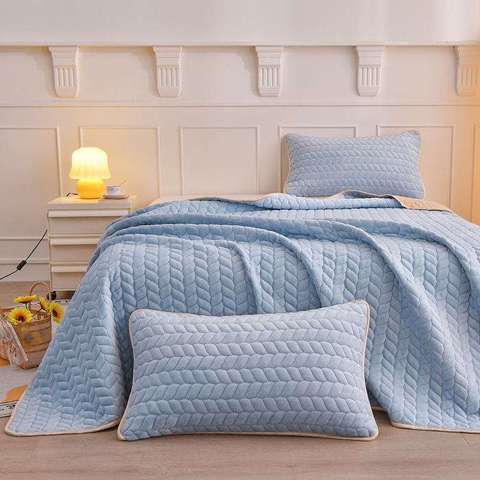 91家纺网 家纺一手货源 找家纺 金艾草 2024新款高克重牛奶绒床垫床盖双面使用 浅蓝