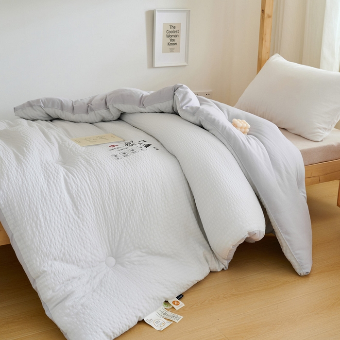 91家纺网 家纺一手货源 找家纺 子由家居 2024新款b类泡泡格7A抗菌学生季大豆被 泡泡学生被-浅灰