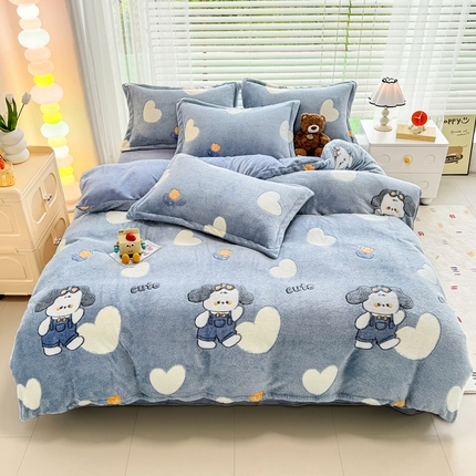 91家纺网 家纺一手货源 找家纺 恋佳居 2025新款雪花绒印花加厚保暖四件套 爱心小狗