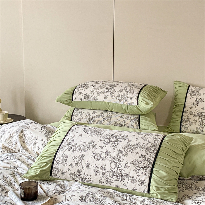 91家纺网 家纺一手货源 找家纺 一左一右 2024秋冬新款法式复古印花褶皱花边水洗磨毛四件套-场景一（提供买家秀） 清新绿