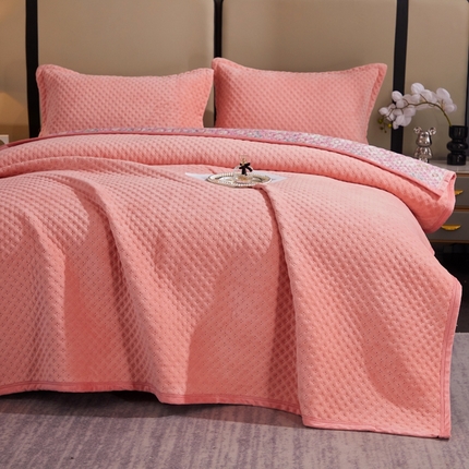 晶缦家纺 2024新款华夫格牛奶绒床盖三件套 华夫格-粉玉