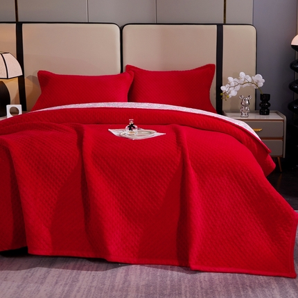 晶缦家纺 2024新款华夫格牛奶绒床盖三件套 华夫格-大红