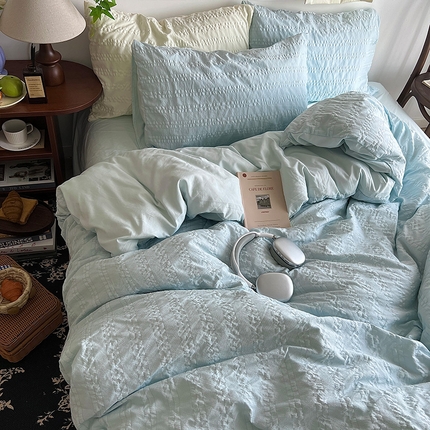 原素 2024新品ins风简约款泡泡纱四件套 小泡泡-浅小蓝