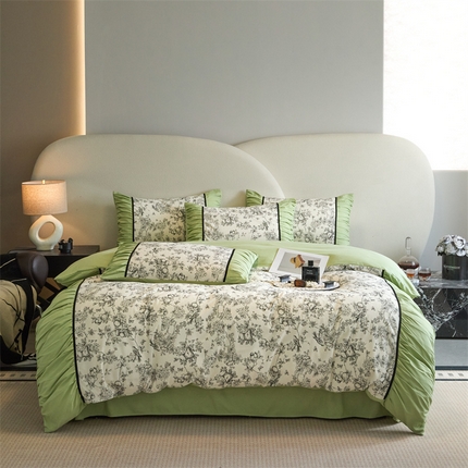 一左一右 2024秋冬新款法式复古印花褶皱花边水洗磨毛四件套-场景二（提供买家秀） 清新绿