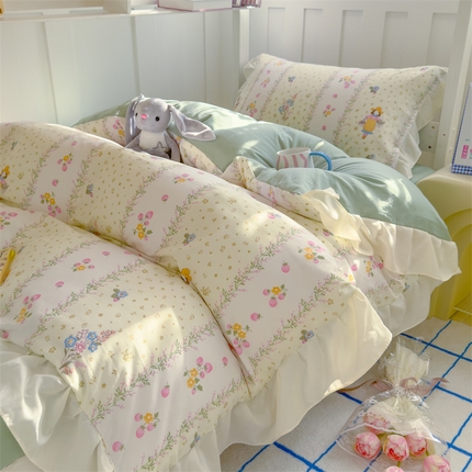 91家纺网 家纺一手货源 找家纺 （总）灰鲸 2025新款水洗双层纱公主风学生套件三件套四件套