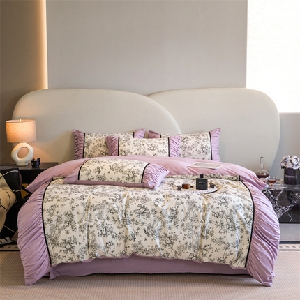 一左一右 2024秋冬新款法式复古印花褶皱花边水洗磨毛四件套-场景二（提供买家秀） 优雅紫