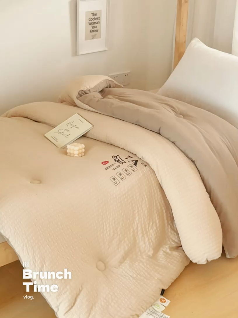 91家纺网 家纺一手货源 找家纺 子由家居 2024新款b类泡泡格7A抗菌学生季大豆被 泡泡学生被-驼色