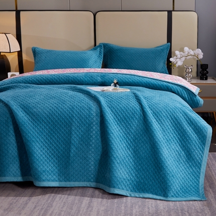 晶缦家纺 2024新款华夫格牛奶绒床盖三件套 华夫格-宝蓝