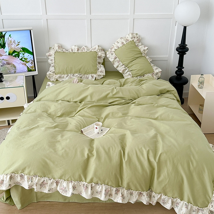 91家纺网 家纺一手货源 找家纺 昔可家纺 2024新款纯色碎花花边全棉小清新四件套 清茶曼波