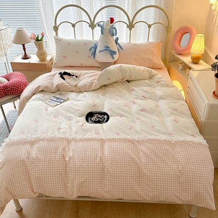 昔可家纺 2024新款时尚拼接雪纺边全棉四件套 点点粉蝴蝶结