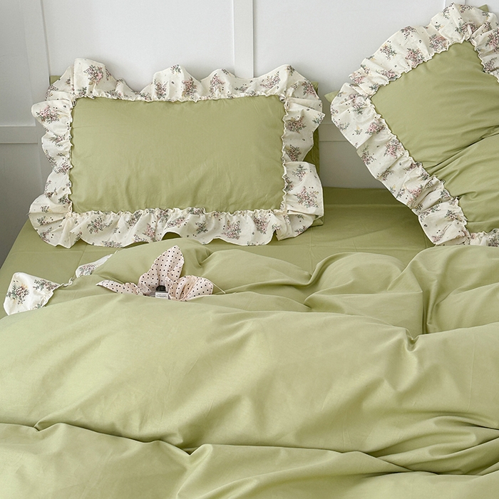 91家纺网 家纺一手货源 找家纺 昔可家纺 2024新款纯色碎花花边全棉小清新四件套 清茶曼波