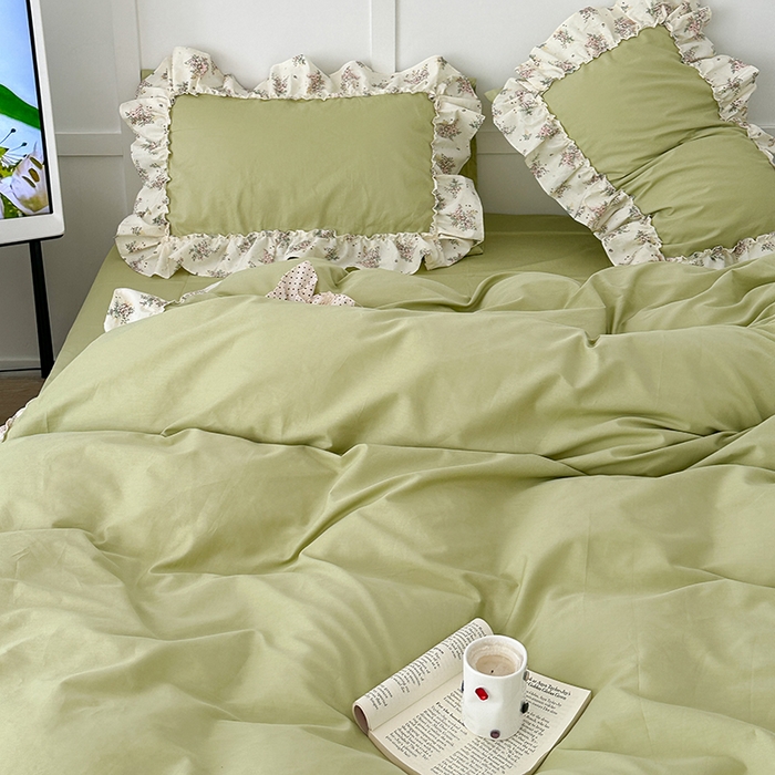 91家纺网 家纺一手货源 找家纺 昔可家纺 2024新款纯色碎花花边全棉小清新四件套 清茶曼波