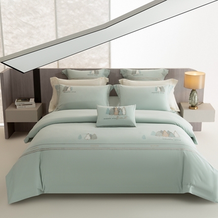 91家纺网 家纺一手货源 找家纺 高大尚婚庆馆 2025新款长绒棉磨毛高端绣花四件套 希尔 清新绿