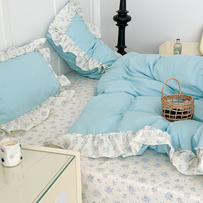 91家纺网 家纺一手货源 找家纺 昔可家纺 2024新款纯色碎花花边全棉小清新四件套 海蓝玫瑰