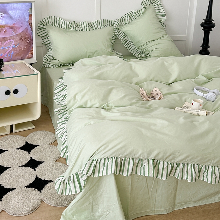 91家纺网 家纺一手货源 找家纺 昔可家纺 2024新款纯色亲肤条纹花边四件套 薄荷绿条