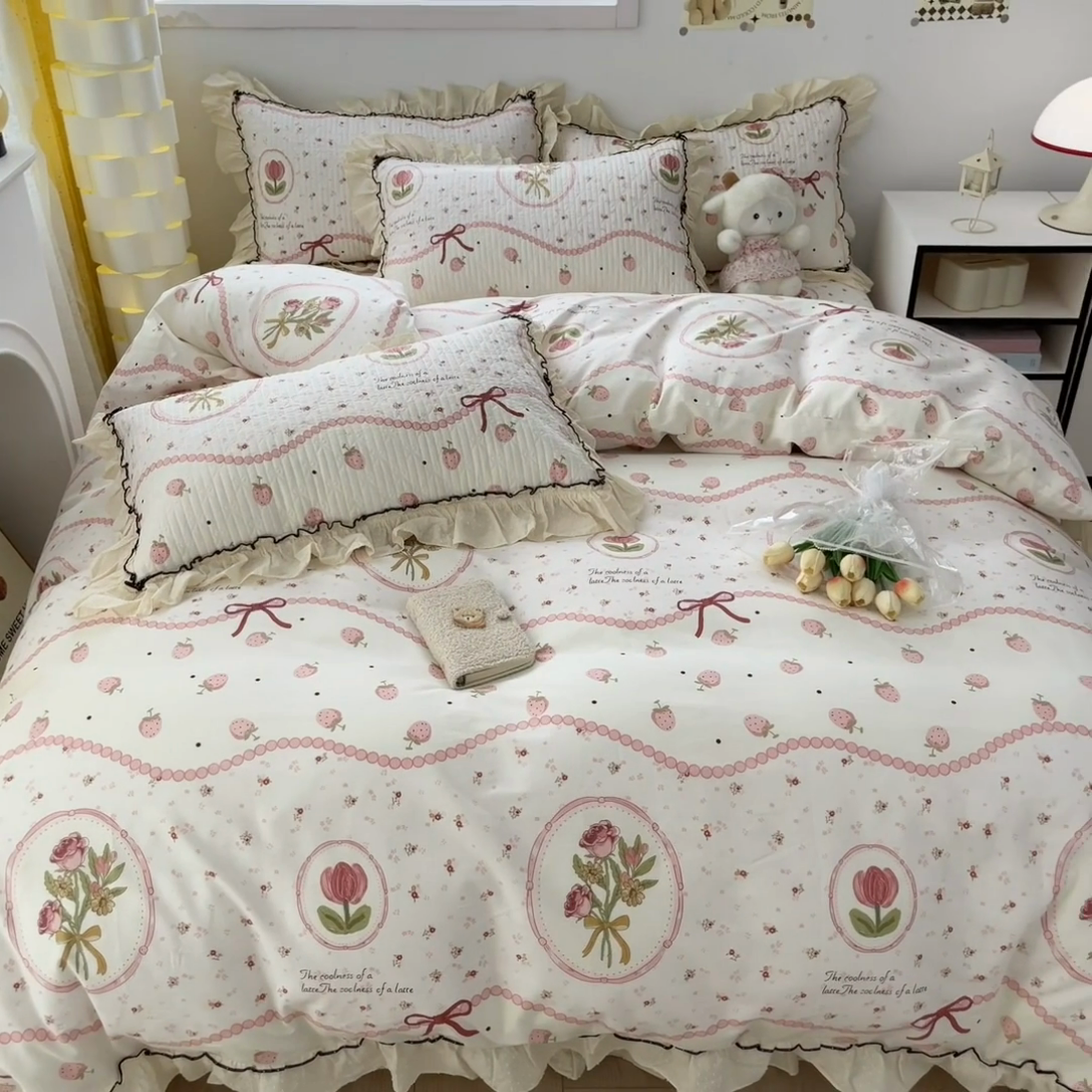 91家纺网 家纺一手货源 找家纺 暖居 2024新款韩系全棉高温砂洗棉花床盖被套四件套纯棉床盖三件套 手捧花