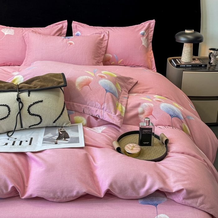 91家纺网 家纺一手货源 找家纺 昊翔家纺 2024新款全棉磨毛印花四件套 舒叶-粉