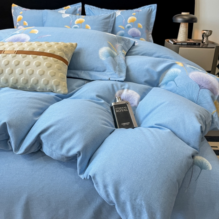 91家纺网 家纺一手货源 找家纺 昊翔家纺 2024新款全棉磨毛印花四件套 舒叶-蓝