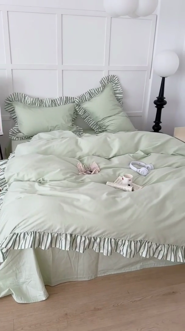 91家纺网 家纺一手货源 找家纺 （总）昔可家纺 2024新款纯色亲肤条纹花边四件套