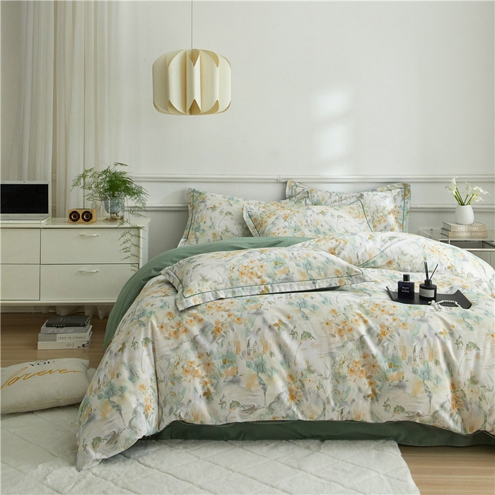 91家纺网 家纺一手货源 找家纺 沐白家居 2024新款全棉生态磨毛印花四件套系列 半亩花田-绿