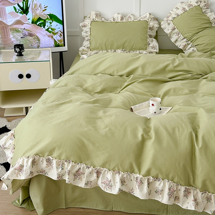 91家纺网 家纺一手货源 找家纺 昔可家纺 2024新款纯色碎花花边全棉小清新四件套 清茶曼波