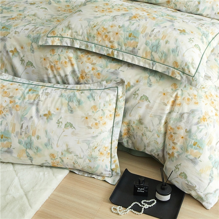 91家纺网 家纺一手货源 找家纺 沐白家居 2024新款全棉生态磨毛印花四件套系列 半亩花田-绿