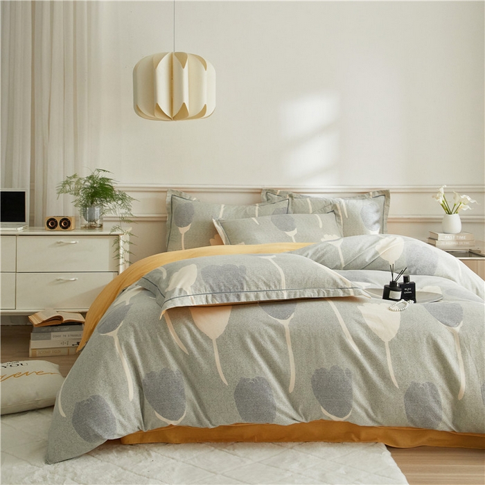 91家纺网 家纺一手货源 找家纺 沐白家居 2024新款全棉生态磨毛印花四件套系列 人间茶白-灰