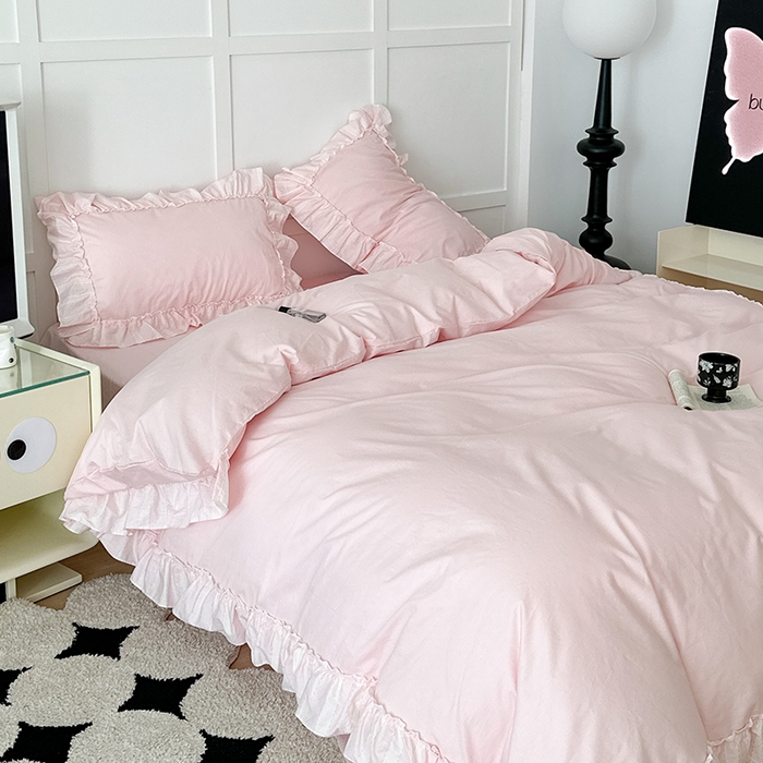 91家纺网 家纺一手货源 找家纺 昔可家纺 2024新款贴边纯色条纹四件套系列 芭蕾粉条