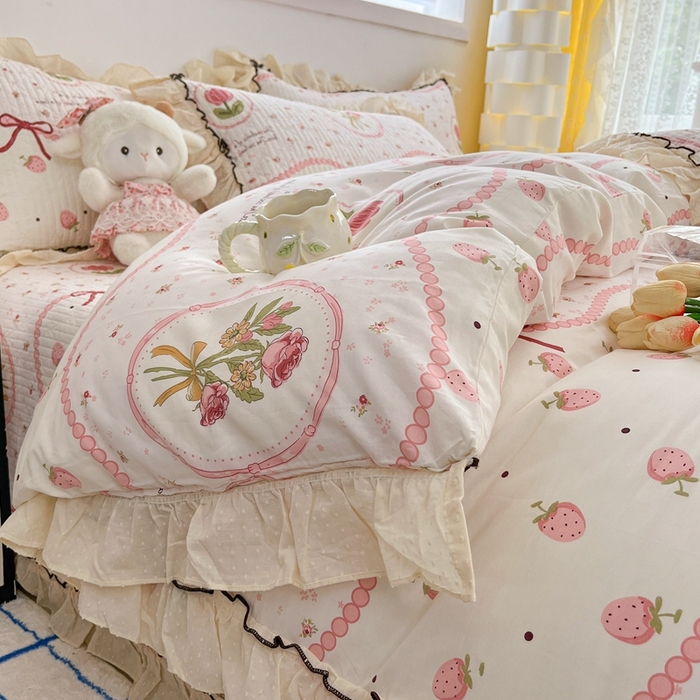 91家纺网 家纺一手货源 找家纺 暖居 2024新款韩系全棉高温砂洗棉花床盖被套四件套纯棉床盖三件套 手捧花