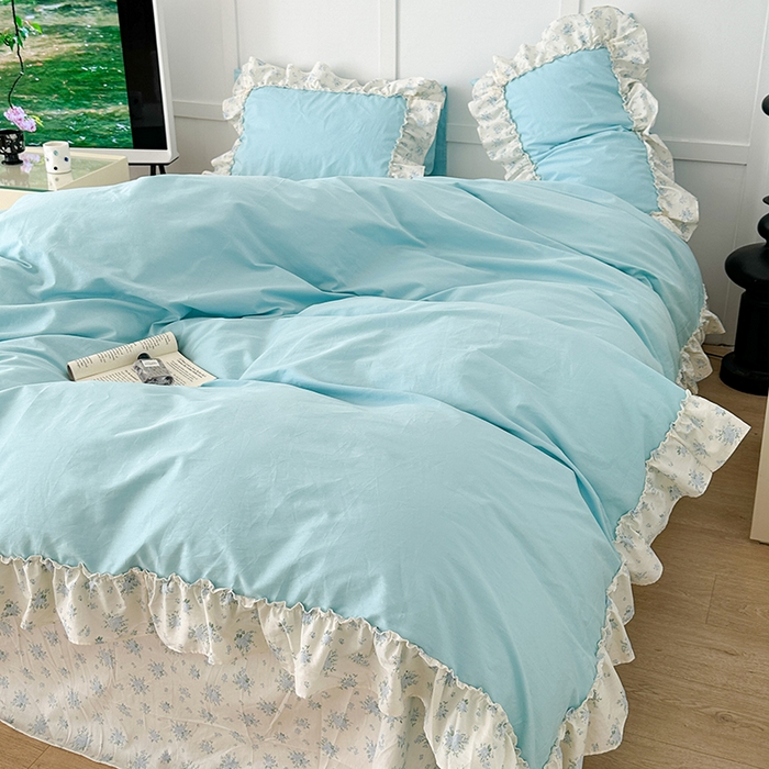 91家纺网 家纺一手货源 找家纺 昔可家纺 2024新款纯色碎花花边全棉小清新四件套 海蓝玫瑰