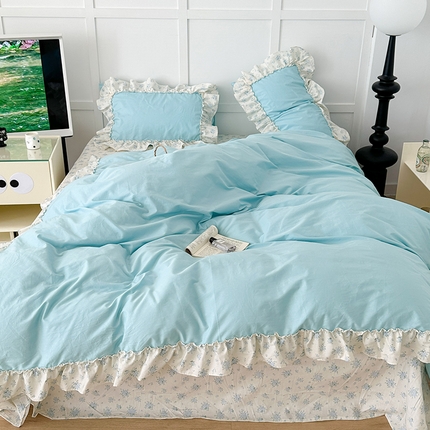 昔可家纺 2024新款纯色碎花花边全棉小清新四件套 海蓝玫瑰