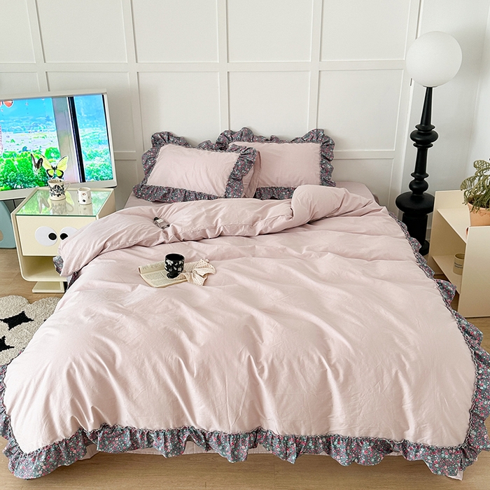 91家纺网 家纺一手货源 找家纺 昔可家纺 2024新款纯色碎花花边全棉小清新四件套 紫韵花海