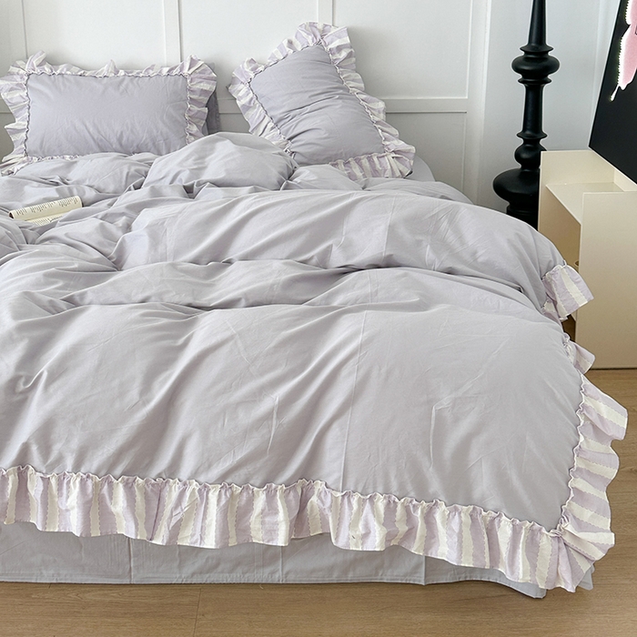 91家纺网 家纺一手货源 找家纺 昔可家纺 2024新款贴边纯色条纹四件套系列 柔雾紫条