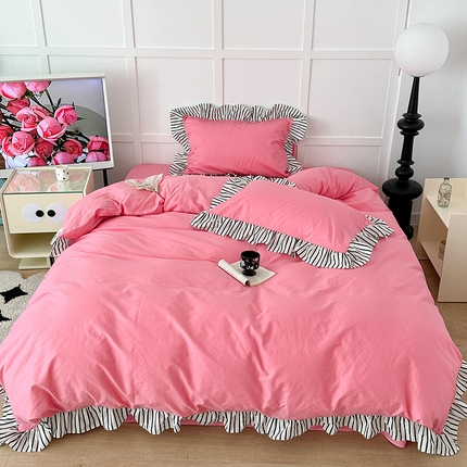 91家纺网 家纺一手货源 找家纺 昔可家纺 2024新款纯色亲肤条纹花边四件套 千禧黑条