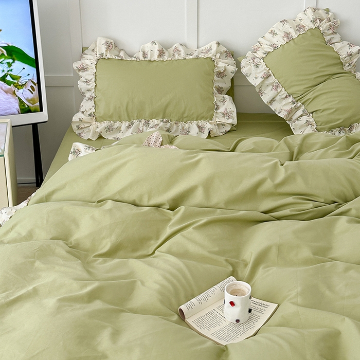 91家纺网 家纺一手货源 找家纺 昔可家纺 2024新款纯色碎花花边全棉小清新四件套 清茶曼波