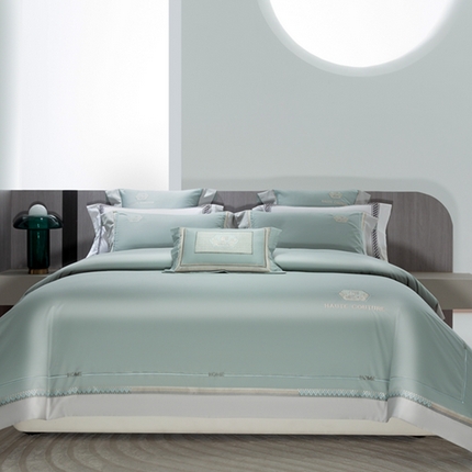 91家纺网 家纺一手货源 找家纺 高大尚婚庆馆 2025新款长绒棉高端绣花四件套 亚莉克 清新绿