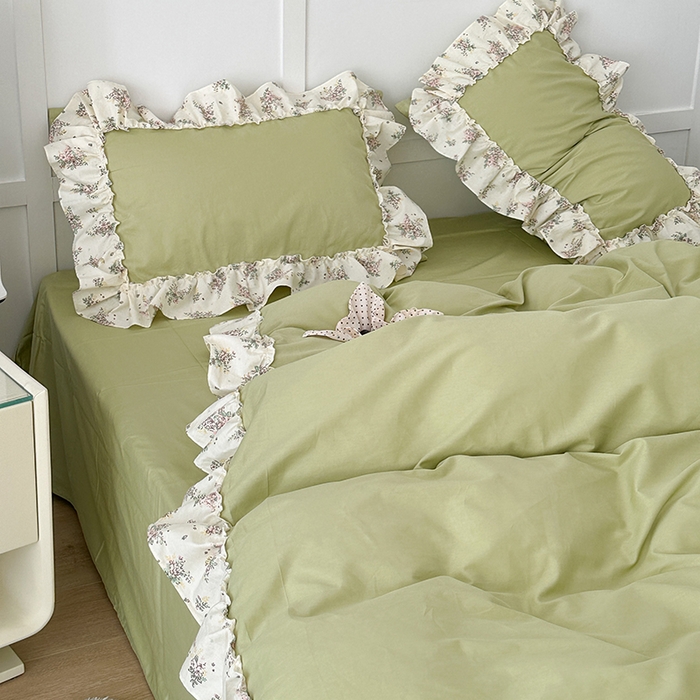 91家纺网 家纺一手货源 找家纺 昔可家纺 2024新款纯色碎花花边全棉小清新四件套 清茶曼波