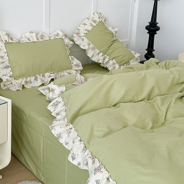 91家纺网 家纺一手货源 找家纺 昔可家纺 2024新款纯色碎花花边全棉小清新四件套 清茶曼波