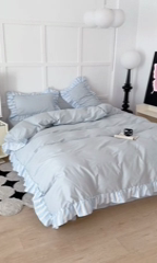 91家纺网 家纺一手货源 找家纺 昔可家纺 2024新款贴边纯色条纹四件套系列 奶油蓝条